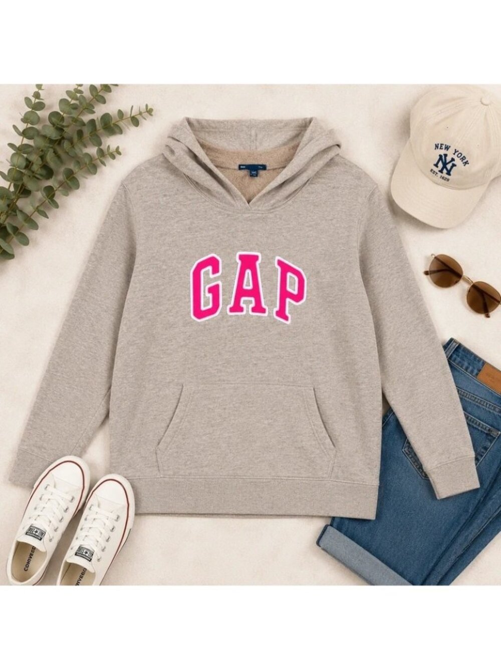 Gap Beige Pullover Hoodie Bright Pink Logo XXL